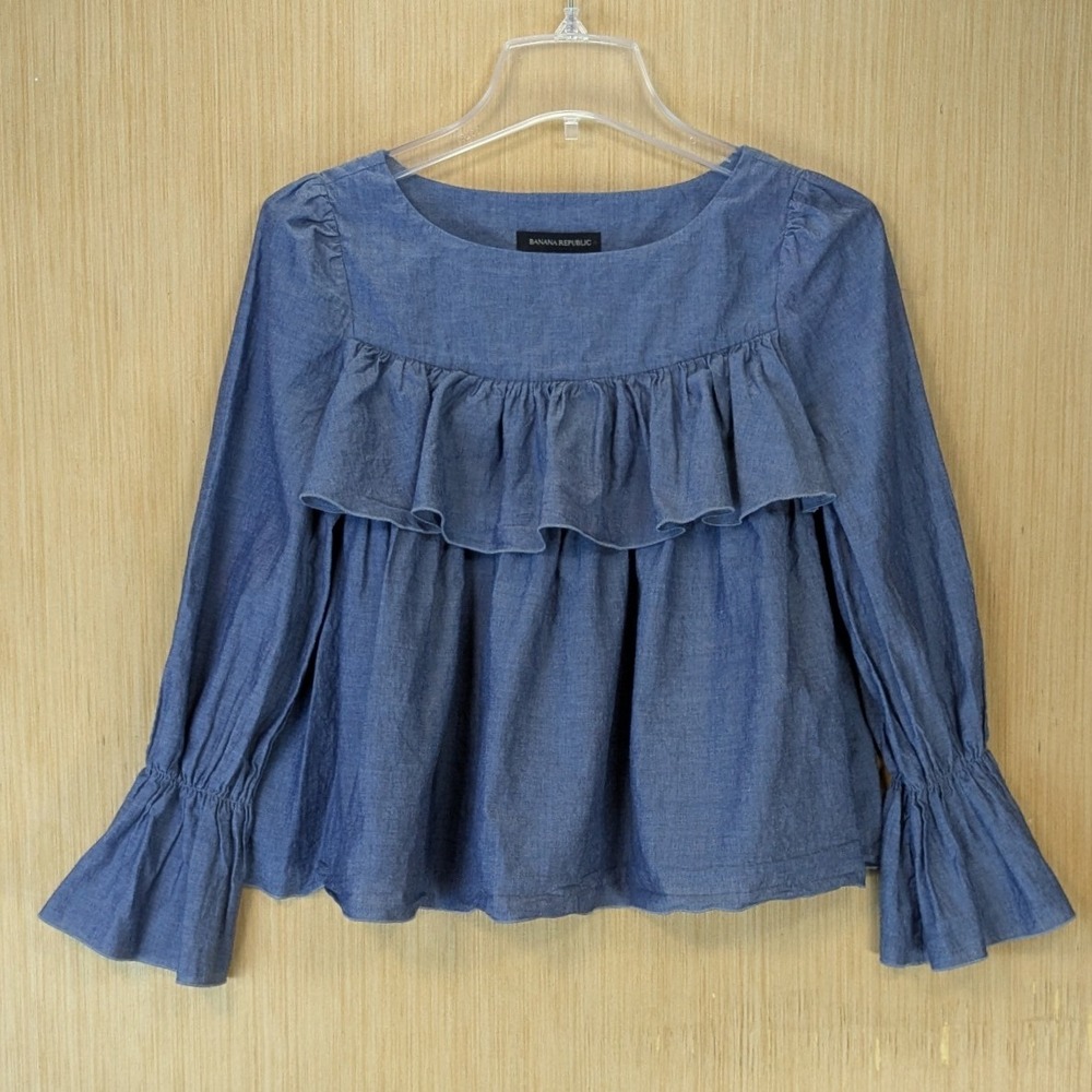 Banana Republic Boho Ruffle Bell Sleeve Top Size XS Blue Cotton Square Neck
